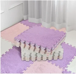 Baby Play Mat Fluffy Pink Bedroom Carpet, Soft and Non-Slip Floor Mat for Kids, Plush Foam Interlocking Tiles with Borders