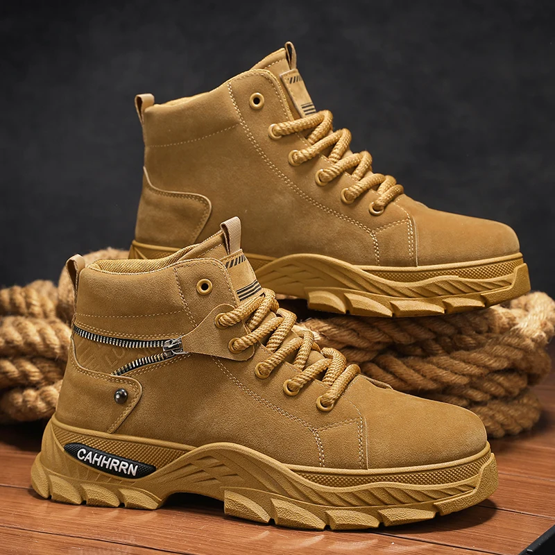 

Новые мужские высокие ботинки, модные мотоциклетные ботинки цвета хаки, уличные теплые ботинки на платформе, мужские кожаные износостойкие ботинки на шнуровке