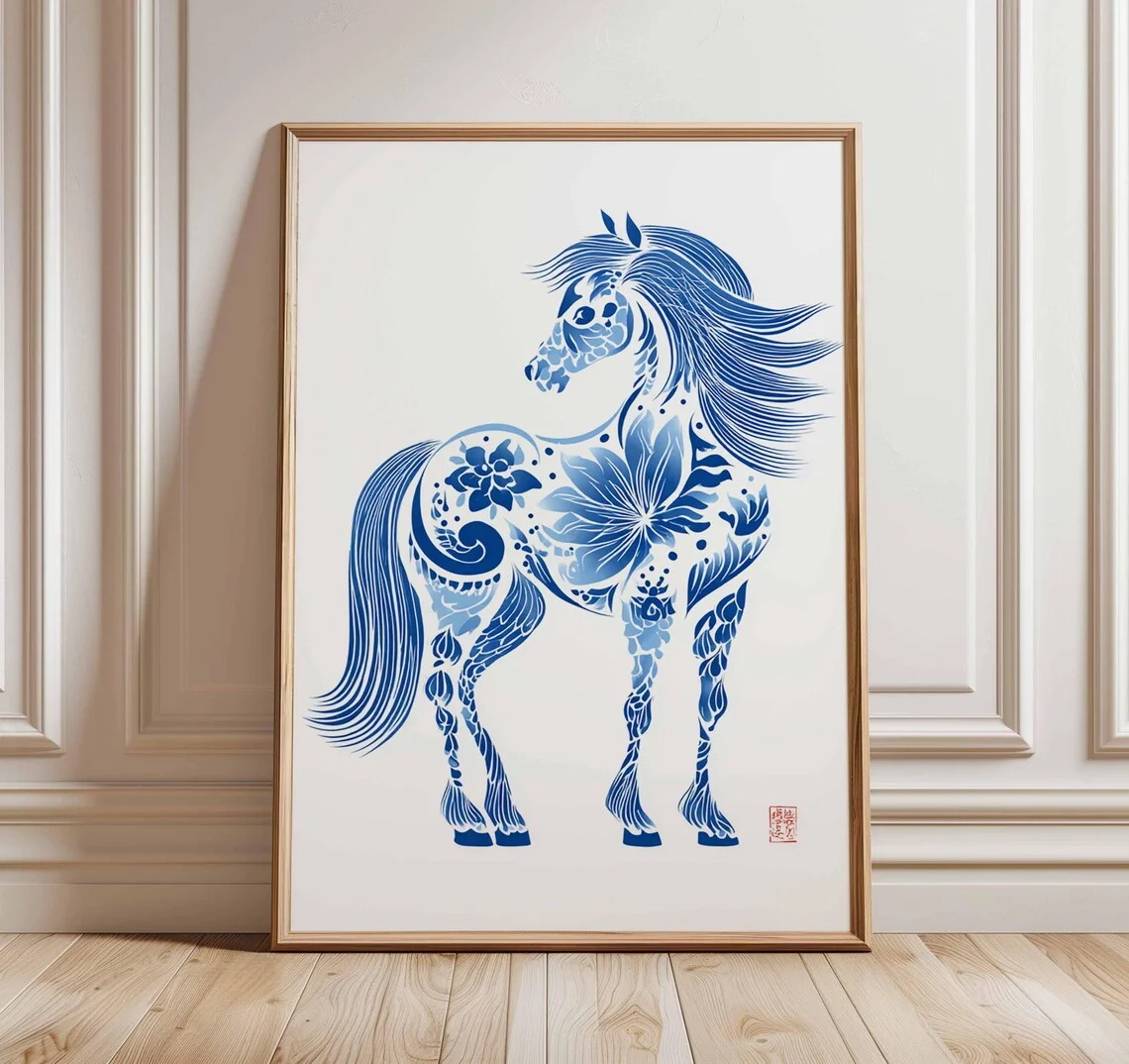 Blue Horse Poster – Abstract Floral Horse Wall Art, Modern Equine Print, Elegant Animal Artwork, Bold Horse Decor for Home