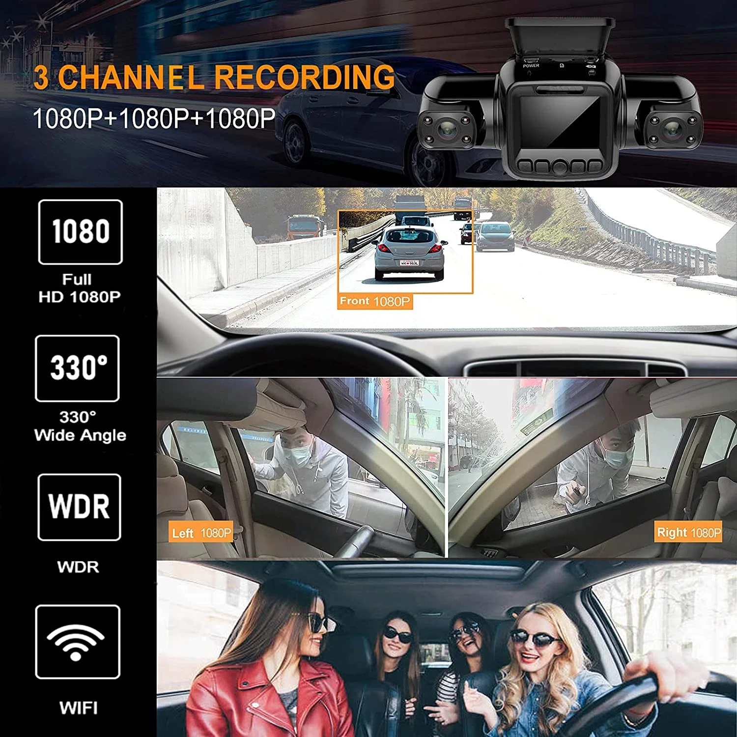 3 Channel Dash Cam 3 Cameras 1080P Dashcam Dashcam Built-in WiFi Front and Rear HD Lenses Infrared Night Vision Video Recorder