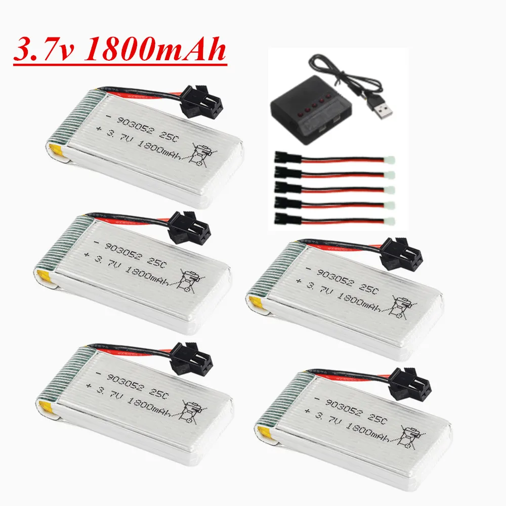 Batería recargable de 3,7 v y 1800mAh, cargador para cuadricóptero teledirigido, piezas de Dron, batería Lipo de 903052 y 3,7 v con enchufe SM