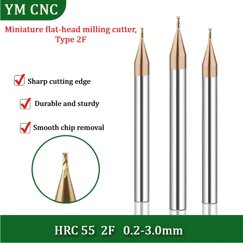 2FMicro Flat Nose End Mill HRC55 Solid Carbide Deep Neck CNC Tool Milling Cutter Tiny Diameter 0.2-3.0mm for Metal Engraving Bit