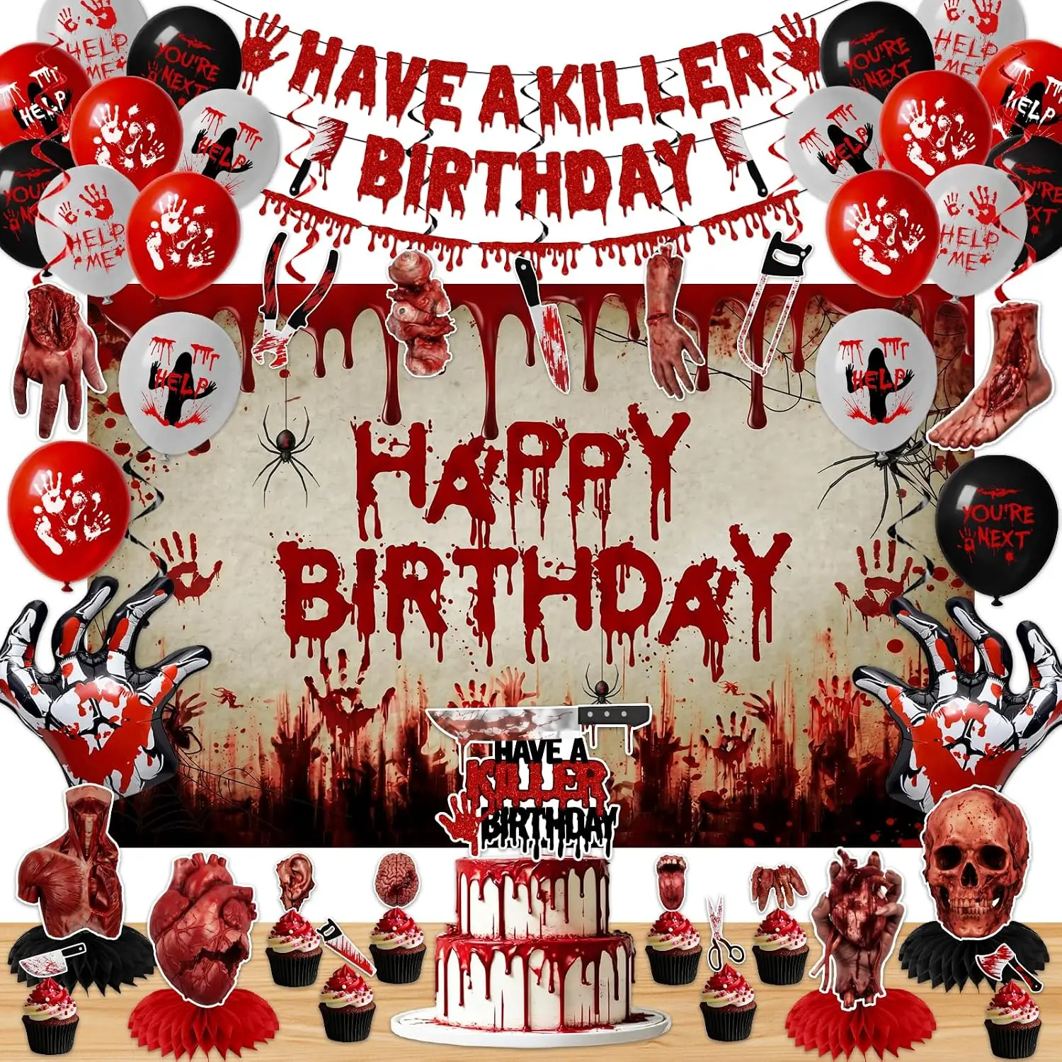 Horror Birthday Party Decorations-56Pcs Have a Killer Birthday Party Supplies Halloween Murder Mystery Backdrop Balloons Cupcake Topper Bloody Hand Print Banner for Halloween Horror Movie Party Decor