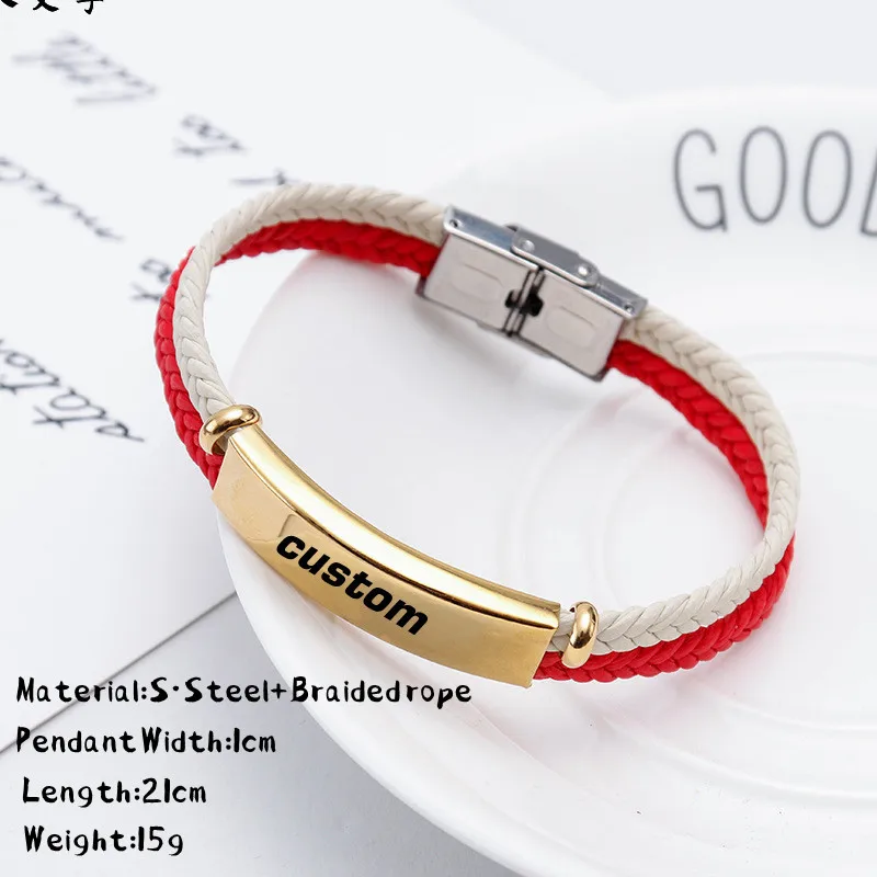 Brazalete de cuero con logotipo personalizado para hombre, pulsera de acero inoxidable personalizada con grabado de nombre, regalo de joyería