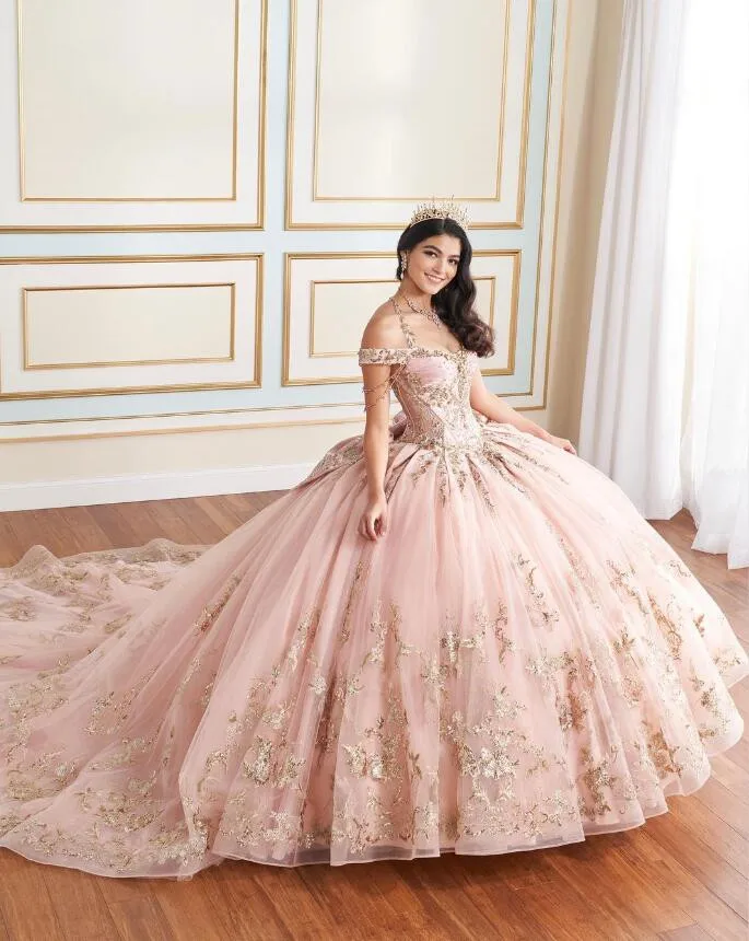 Rosa rosa scintillante principessa abiti Quinceanera Applique lucida floreale Off spalla corsetto Lace-up abiti 15 asenos quinceasenera