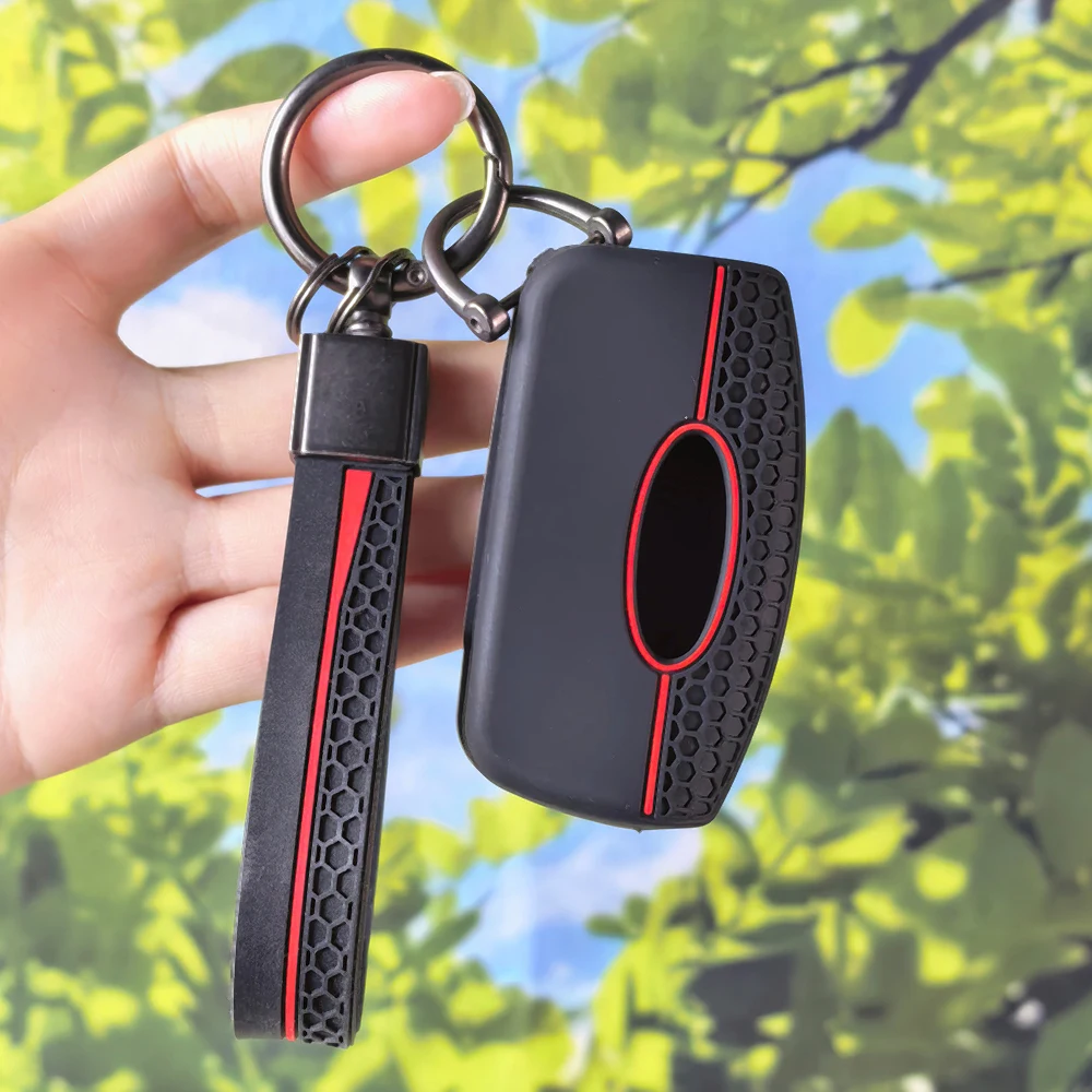 Red Stripe Cover With Keychain For Ford Focus Mk2 C Max S-MAX EcoSport Fusion Fiesta Mk7 Cougar Mondeo Mk2 Mustang Mach Key Fob