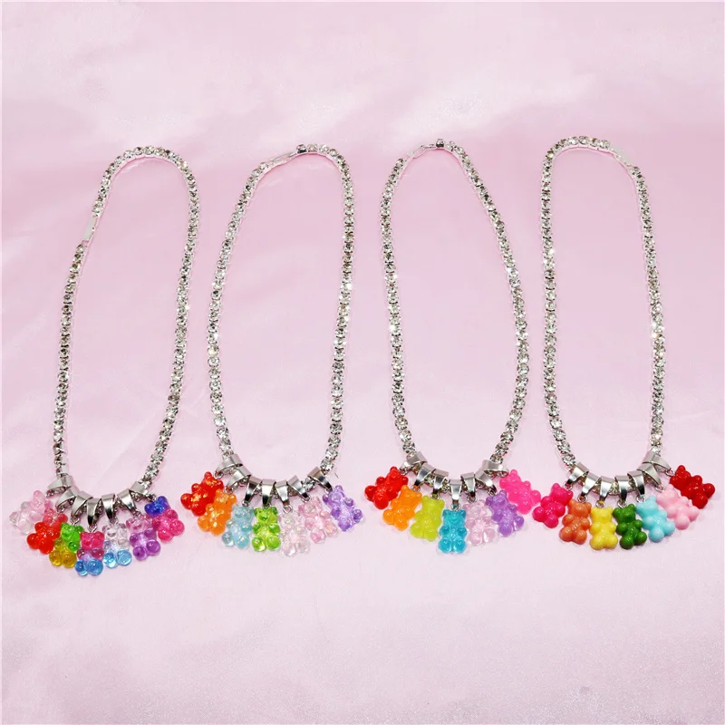 Handmade Rhinestone Colorful Jelly Teddy Bear Charm Necklace Hip Hop Gummy Pendant Crystal Accessories Chain Necklace Jewelry