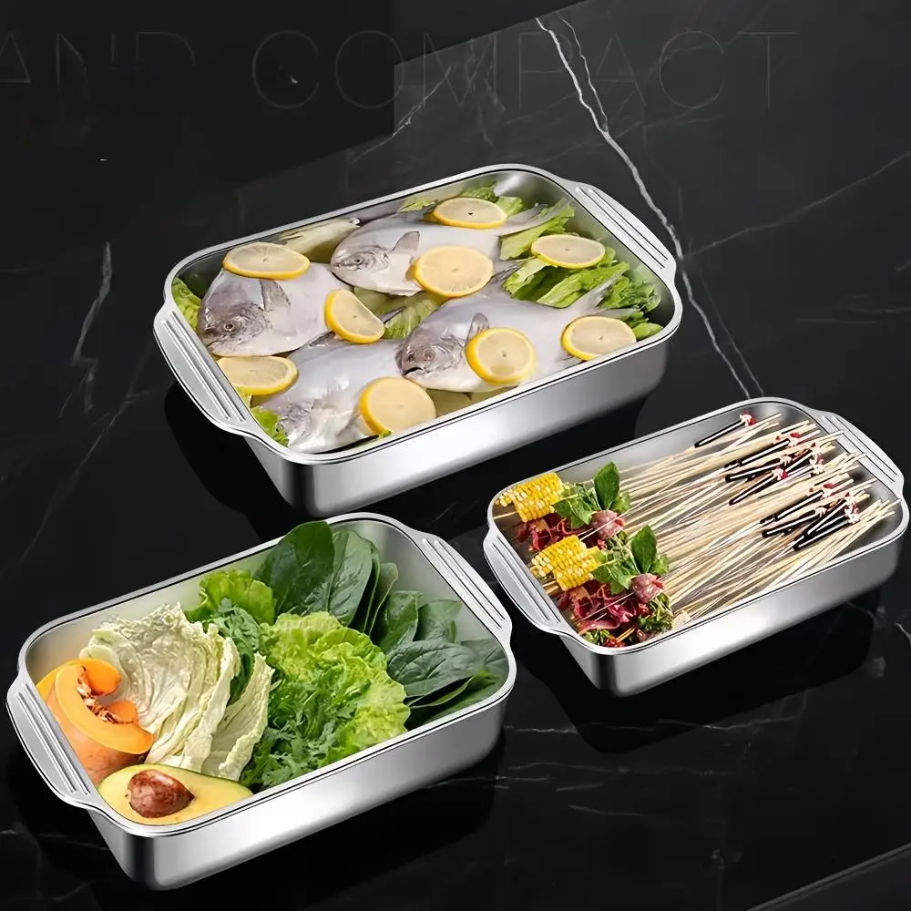 Stainless Steel Baking Pan with Lid, 1/2 Counts Multifunctional Rectangular Baking Pan, Baking Tray for Fish Seafood