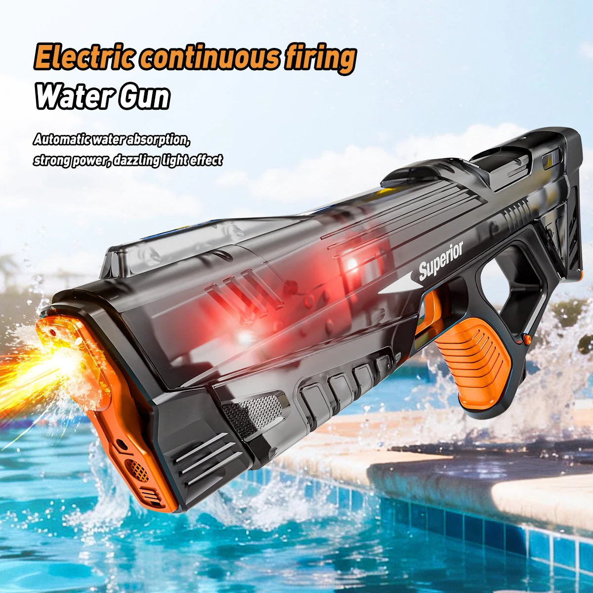 New Electric Water Gun With Lights Automatic Water Suction Long-Range Shooting Suitable For Adults And Children Outdoor WaterToy