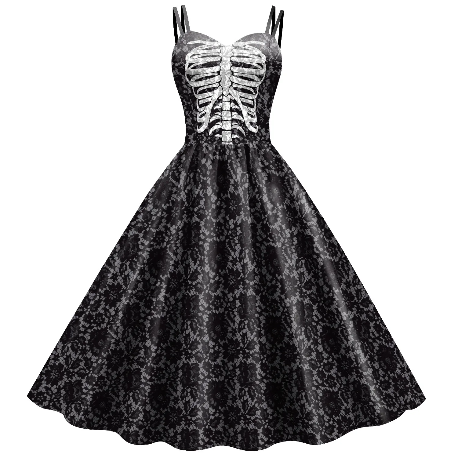 Sexy 3d Skeleton Rags Printed Vintage Halloween Dress For Women Elegant Bow Tie Waist Ladies Evening Party Costumes Vestidos New