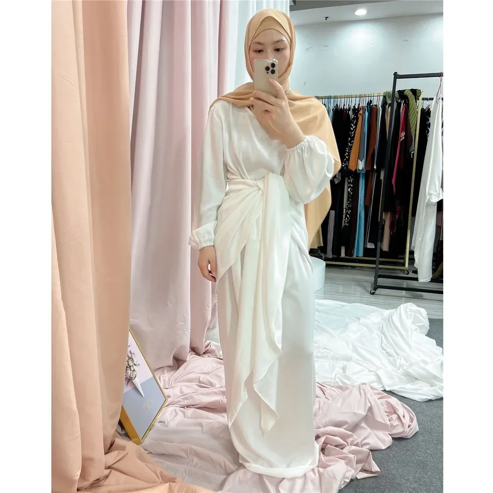 Women Arab Muslim Puff Long Sleeve Maxi Dress Solid Color Wrap Front Self-Tie Abaya Dubai Turkey Hijab Robe Kaftan Ramadan Eid