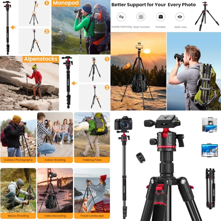 

70" Tripod for Camera, Professional Aluminum Camera Tripod & Monopod with 360° Ball Head, Adjustable Lightweight Travel Tripod for Phone,DSLR,Tablet with Carry Bag