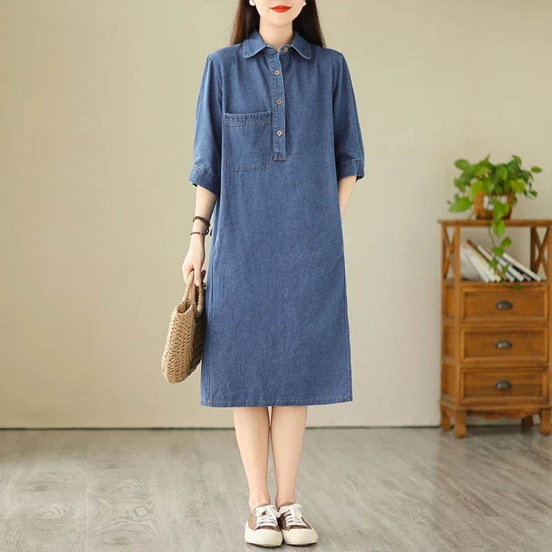 

Women Summer Vintage Polo Collar Buttons Blue Denim Dress Ladies Half Sleeve Pockets Straight Loose Jeans Midi Dresses