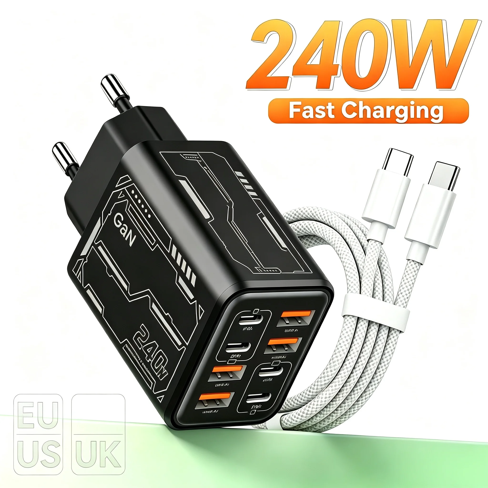 Carregador de mesa 8 em 1 GaN 240W PD 4PD 4USB Adaptador de energia multiportas para iPhone 16 Xiaomi Samsung Notebook EU US Plug
