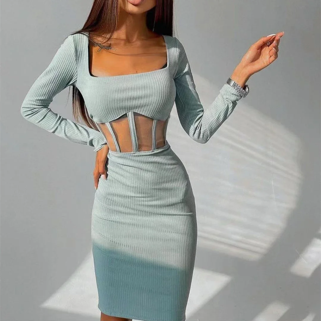 

2024 Spring Women‘s Dress Square Collar Perspective Sexy and Elegant New Slim Mesh Stitching Bag Hip Long Sleeve