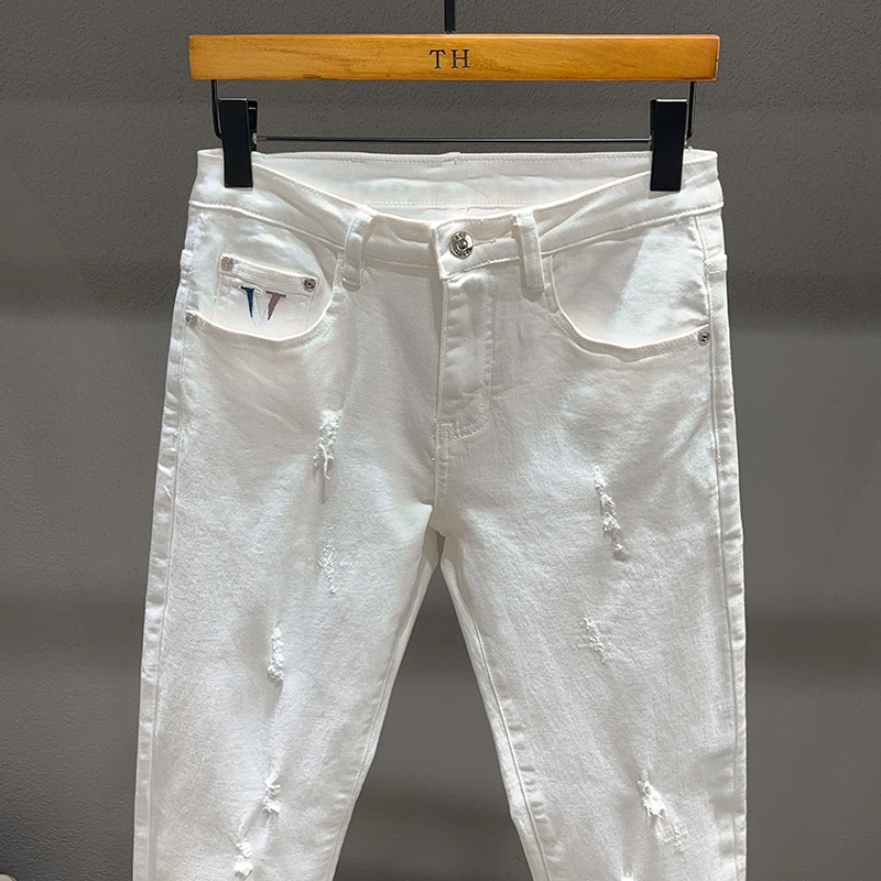 مصمم الأزياء Y2knew الجينز الصفر غسل الحنين تمتد سليم صالح مثقب التصحيح الأبيض الرجال الجينز الرجعية السراويل hombre #5