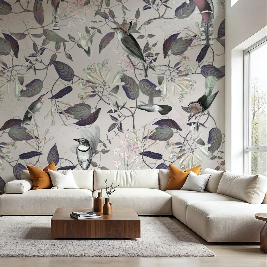 

Customized size mural hand-painted effect picture, flower bird branch wallpaper, home decoration bird flower decoration painting