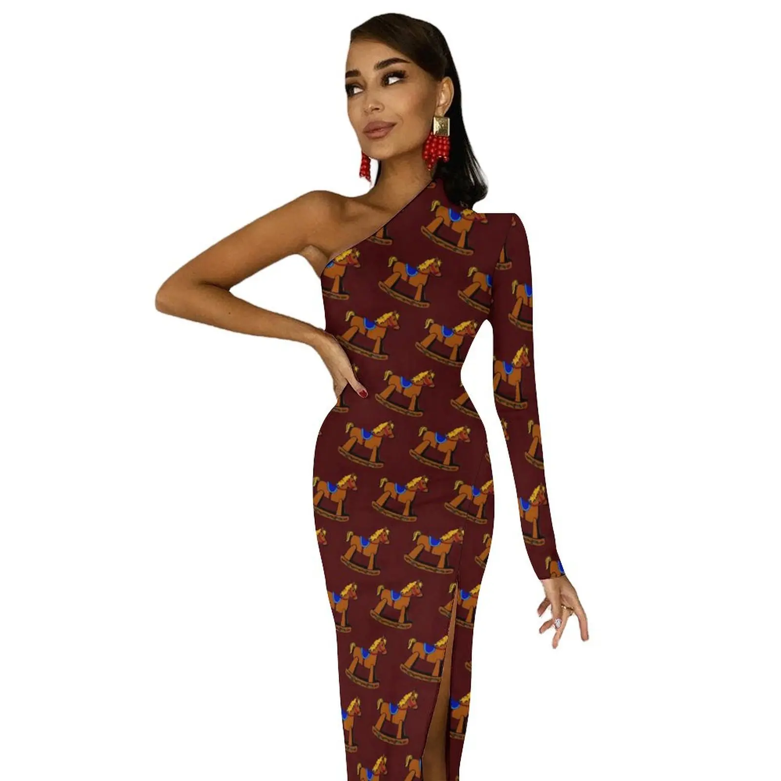 Christmas Rocking Horse Long Dress Woman Animal Print Street Wear Maxi Dress Summer Elegant Bodycon Dresses High Slit Clothing