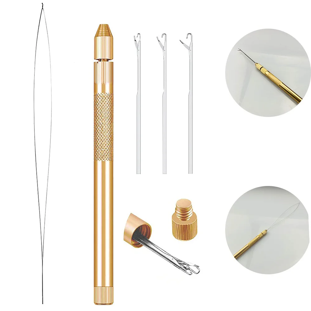 Hair Extension Tools 3 Knitting Hook Needles Pulling Needle Loop Threader Aluminum Ventilating Holder and Needles Kit Making lac