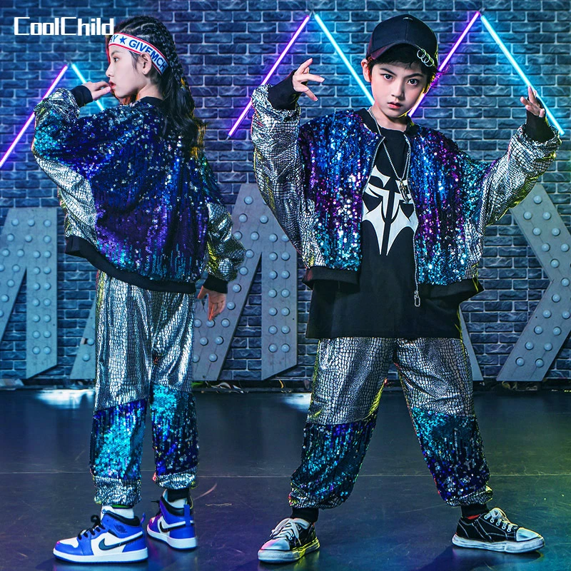 

Girl Sequin Jacket Hip Hop Joggers Kids Street Dance Pants Boys 2 Pcs Sets Child Jazz Outfis Teenage Costume Clothing Streetwear