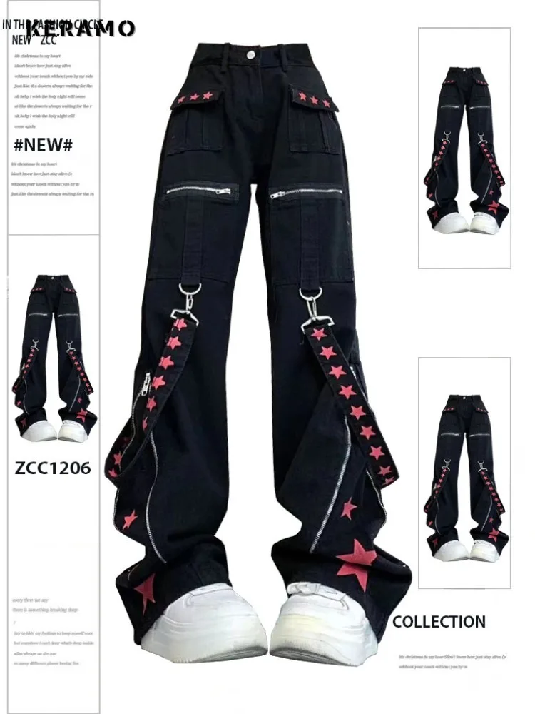 2024 Y2K Fashion Star Pattern Lace Up Decorate Straight Jeans Hip-hop Style Pants Women Trendy High Waist Series Denim Wide Leg