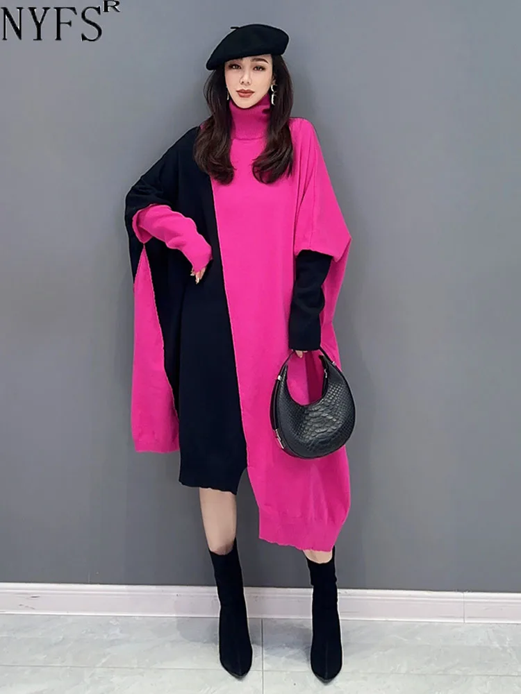 

NYFS 2023 Winter New Korean Knitting Woman Dresses Vestidos Robe Elbise Loose Plus Size Turtleneck Patchwork Sweater Dress