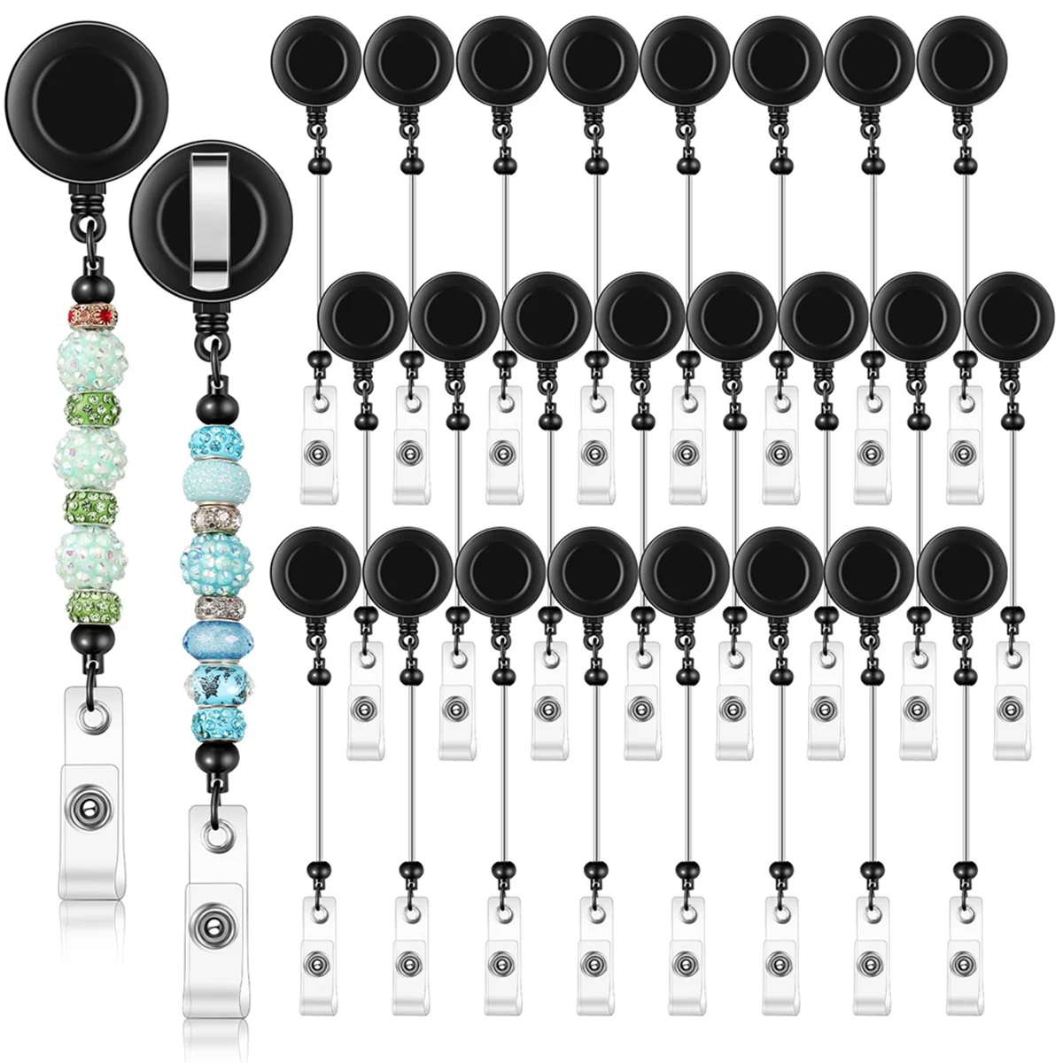 24 Pcs Beadable Badge Reel Retractable Clips Holder for Beads Bulk Blank Bar ID Name Badge Reels with Belt Clip,Black