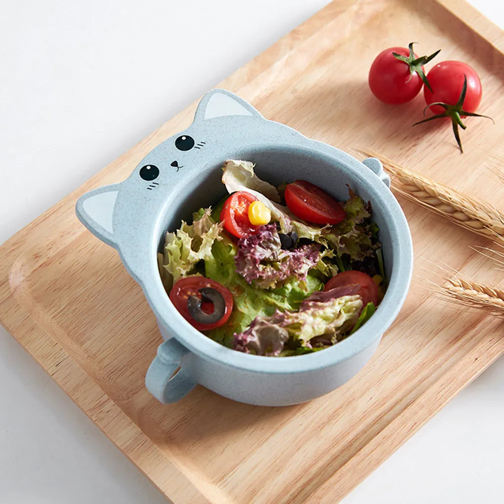 Blue Cat Design Small Wheat Straw Bowl Handle Eco Friendly Children Dinnerware Noodle Soup Fruit Bowl Wheat Straw Dinnerware