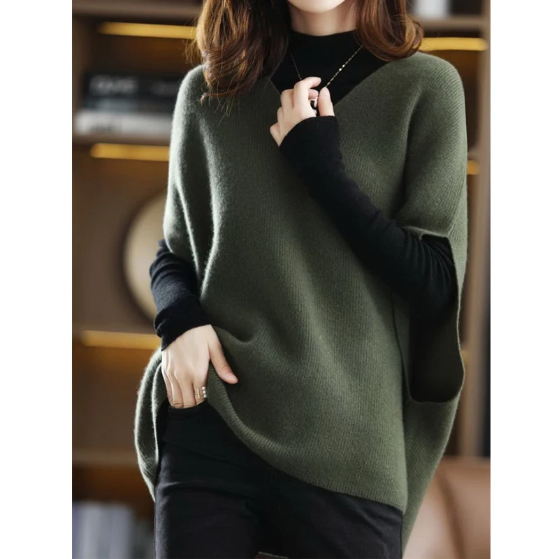 Pullovers Elegant Fashion Sleeveless Batwing Sleeve V-Neck Loose Warm Solid Knitted Tops Spring Autumn 2022 New Women\'s Sweater