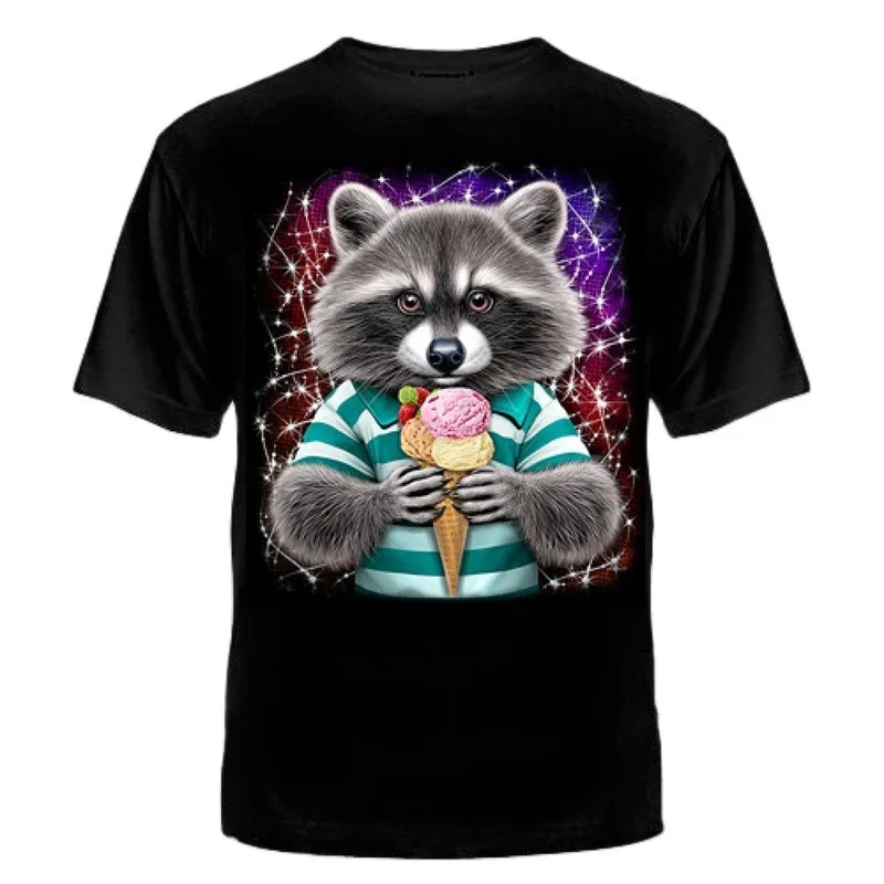 Cute Animal Raccoon Men\'s 3d Print Tshirt Round Neck Black Oversized T-Shirt Summer 2023 Short Sleeves Street Casual Tees Tops