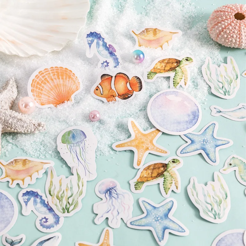 46pcs Blue Style Ocean Whale Shell Decorative Paper Stickers Scrapbooking Label Diary Stationery Album Phone Journal Planner