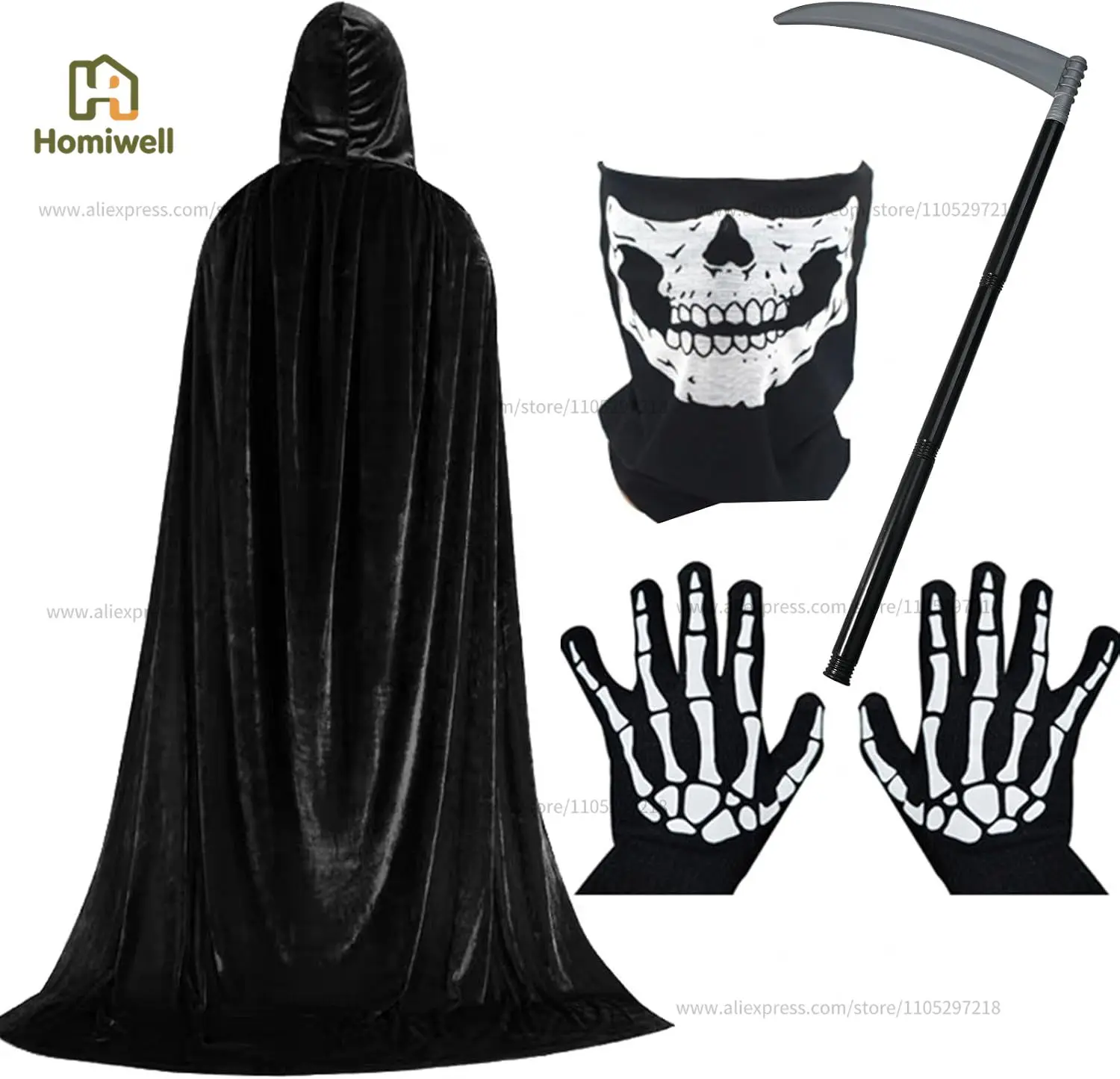 Faburo Halloween-Kostüm für Erwachsene Männer | Komplettes Totengesicht mit schwarzem Umhang mit Kapuze, Totenkopfmaske, Skeletthandschuhen und verstellbarer Sensenmähne | Sensenmann-Kostüm für