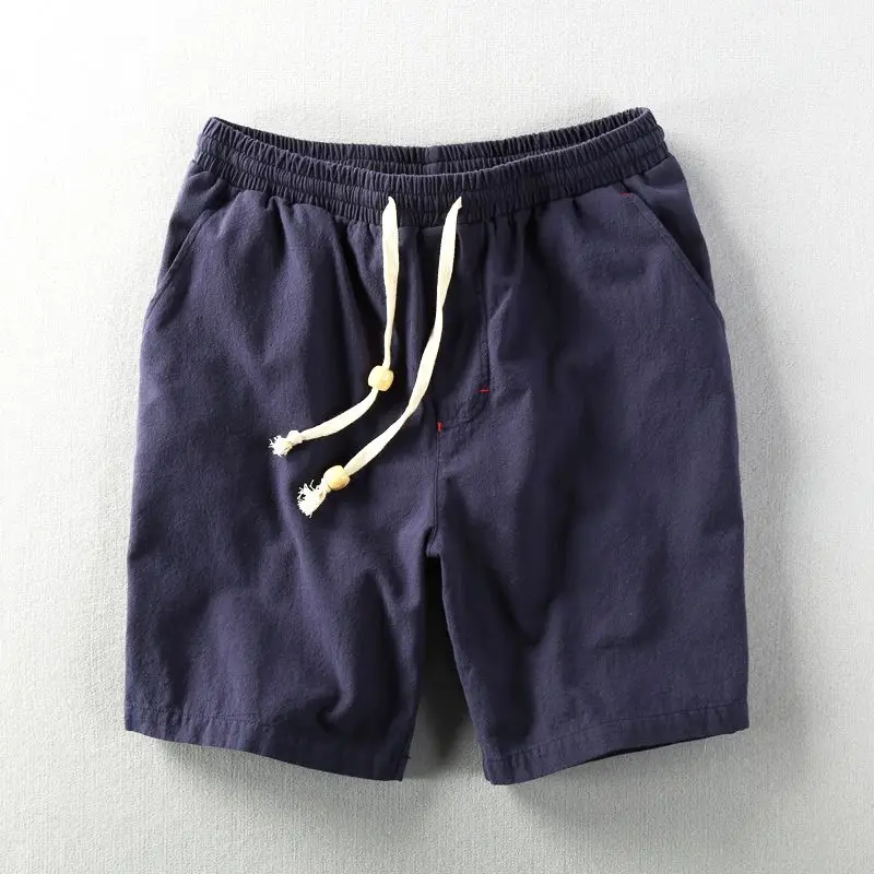 Fashion Simplicity Men Summer Street Casual Flax Elastic Waist Solid Color Thin Style Pulling Rope Breathable Large Size Shorts