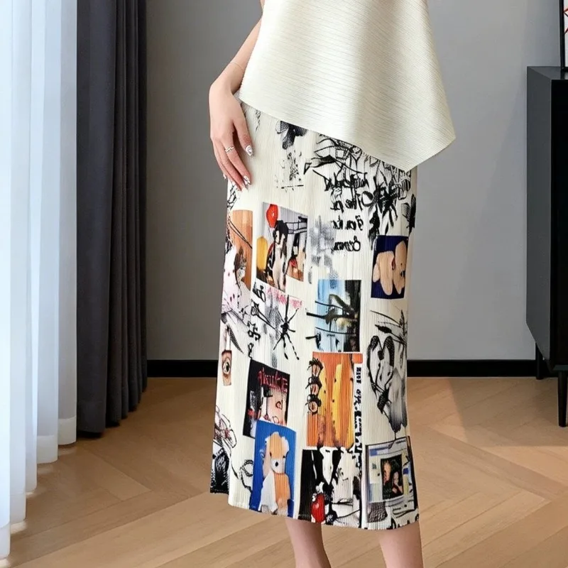 

Miyake Pleated Art Graffiti Skirt Unique Versatile Jupe Loose Plus Size Women's Fashion Versatile Straight Fold Mid-Length Skirt
