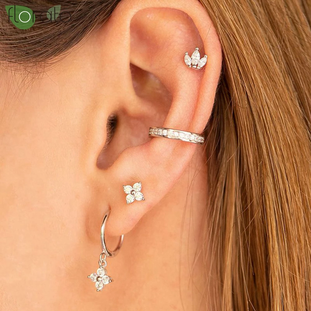 

925 Sterling Silver Needle New Fashion Small Hoop Earrings for Women Sparkling Crystal Zirconia Flower Earrings Piercing Jewelry
