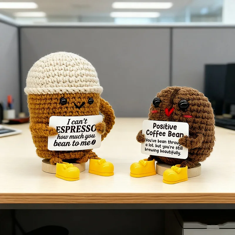 Funny Crochet Positive Energy Coffee Doll with Card Home Room Decoration Handmade Knitted Coffee Desk Ornament Christmas Gifts