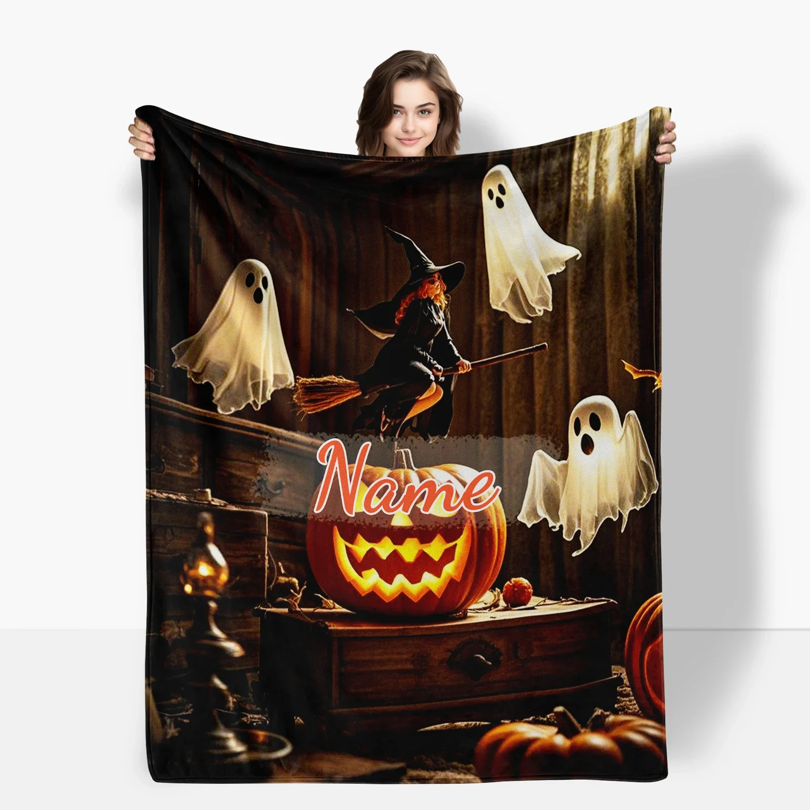 Cozy Flannel Blanket With Witch And Pumpkin Lantern Illustrations Plus A Space For Your Special Message