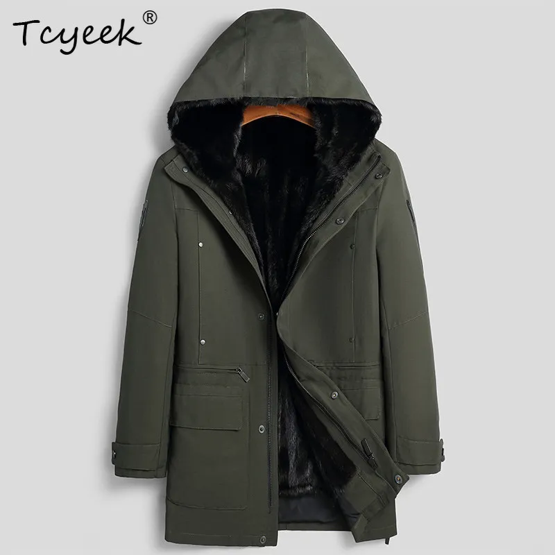 Tcyeek Mink Real Fur Coat Winter Clothes Mink Inner Warm Mink Collar Winter Outdoor Travel Suit Hoodie Mid-length Trench Coats