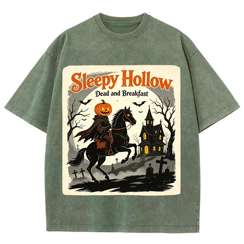 Men Vintage Halloween Sleepy Hollow Graphic T Shirt Dead And Breakfast Pumpkin Headless Horseman Gothic Casual Short Sleeve Top