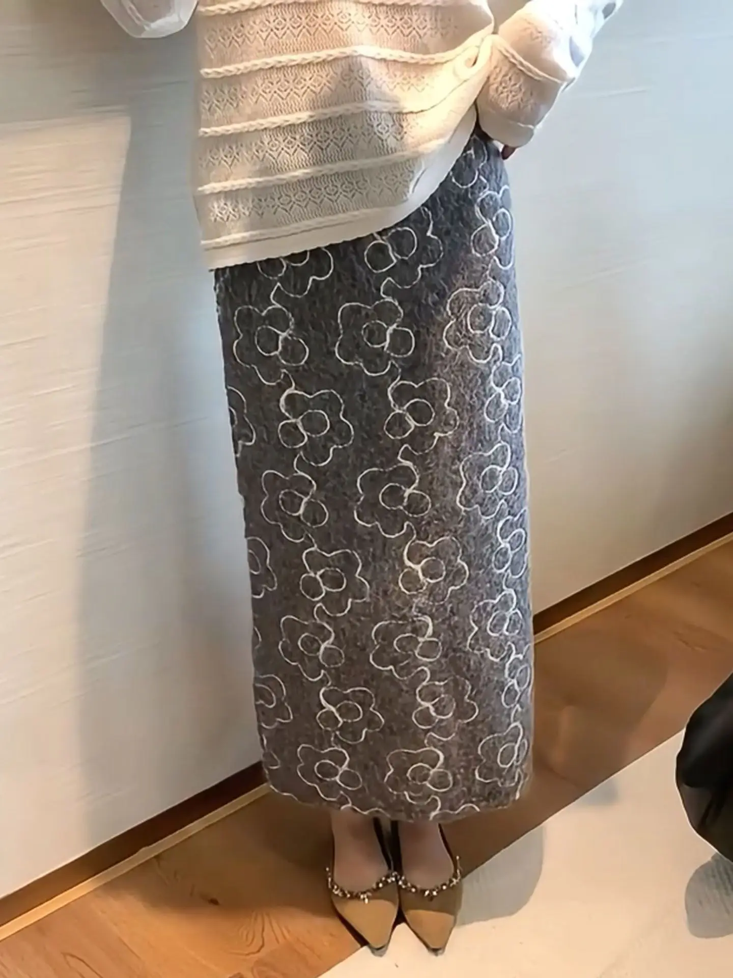 Women Elegant Printed Woolen Wrap Skirt Mid-Length Straight  Autumn Winter New High Waist Fashionable Skirt