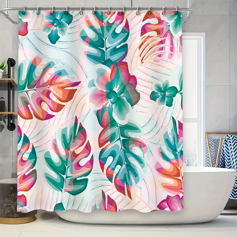 

Летняя зелень, занавеска для душа, тканевый принт, украшение для дома, водонепроницаемый коврик для ванной комнаты, цветочный узор в виде листьев, розовый, синий, белый, оранжевый
