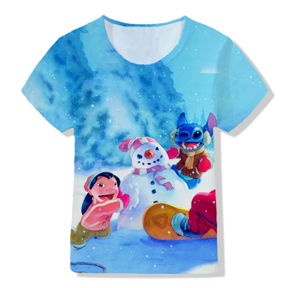 Kawaii Disney Stitch Boys And Girls Clothing Cartoon Children White Short Sleeve Pattern Children T-shirt 1-12 Years Old