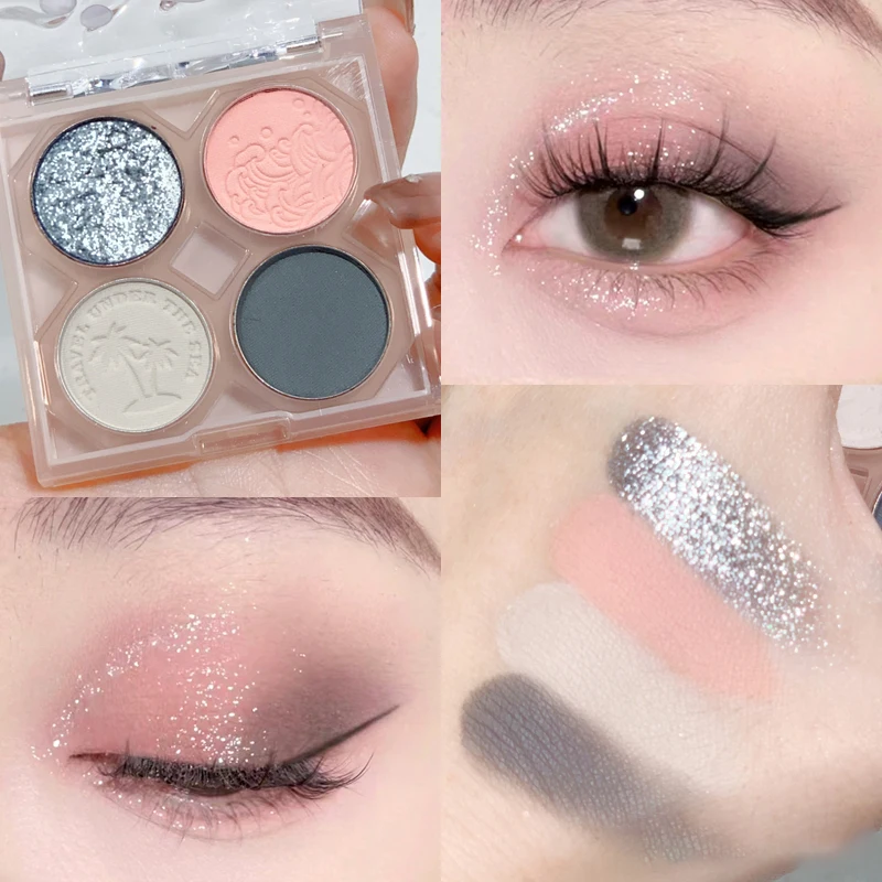 Paleta de sombra de ojos azul ballena, purpurina metálica, polvo de rubor pigmentado verde mate, sombra de ojos prensada de 4 colores, paleta de maquillaje para fiestas