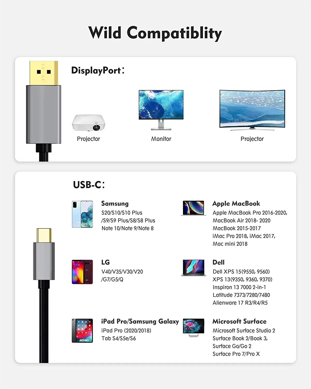 Cable de 2M USB C a DP 1,4 32,4 Gbps 4K @ 240Hz 8K @ 60Hz tipo C a DisplayPort, 15 Thunderbolt3 Compatible con iPhone, Monitor de ordenador portátil