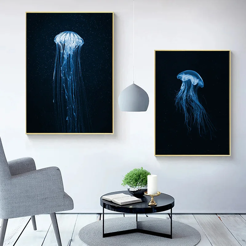 لوحة قماشية على شكل مخلوق بحري وقنديل البحر والحبار كراكن وسمك القرش في الليل لوحة جدارية بسيطة لتزيين غرفة المعيشة والمنزل