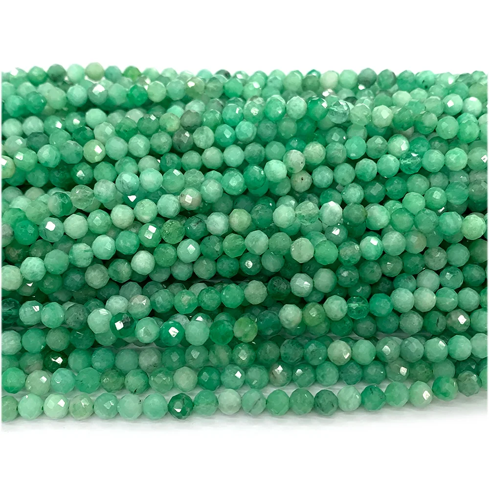 Veemake Natural Green Emerald Round Faceted Small Beads Genuine Gemstones 07940