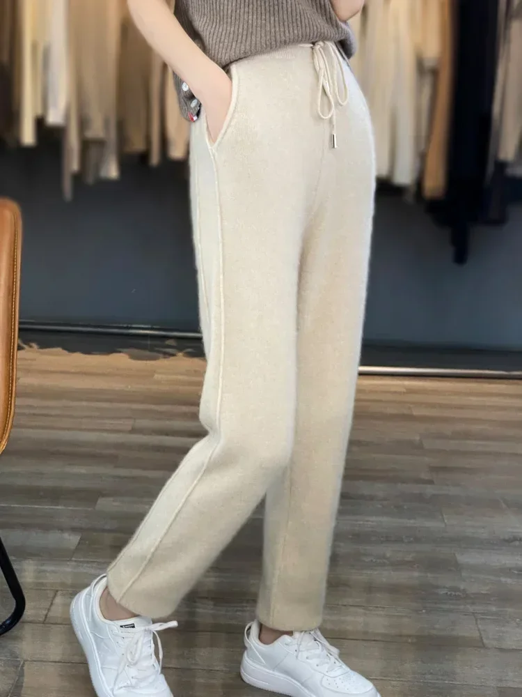 

Fall/winter 100% Pure Wool Padded Feet Tied Radish Pants Knitted Cashmere Pants Warm Plus Size