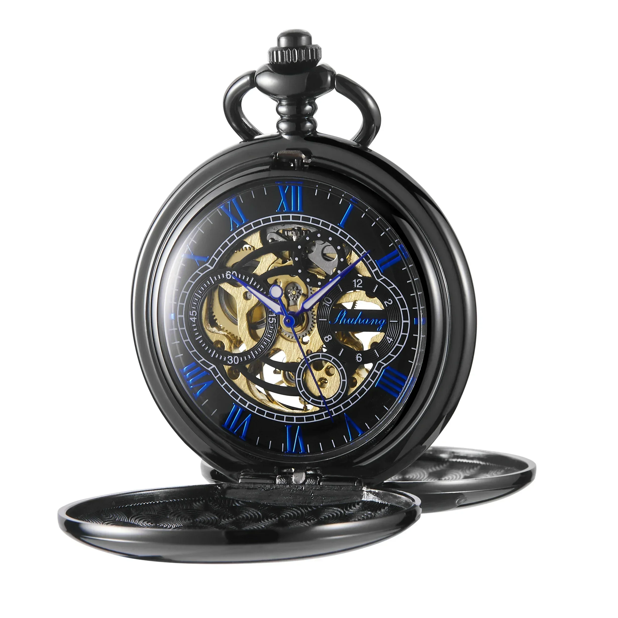 

PJX1704 New Black 2 Sides Open Case Luxury Mens Pocket Watch Mechanical Hand-winding Necklace Clock Business Exquisite Male Gift