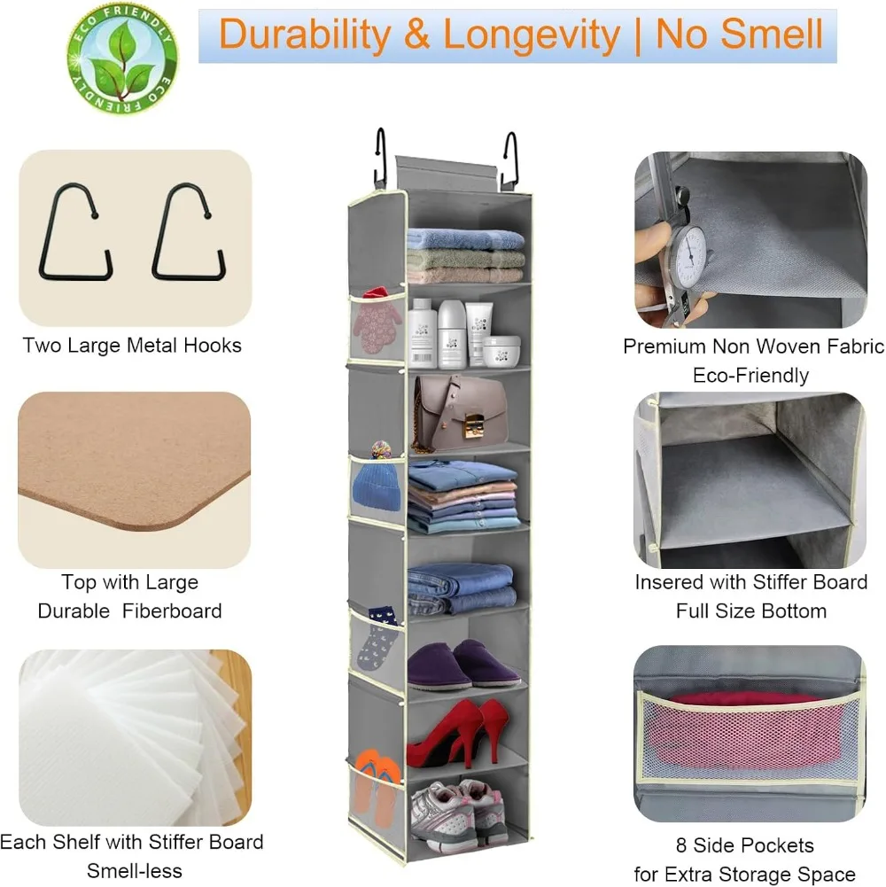 8-Shelf Hanging Shoe Organizer with Side Pockets, Large Storage for Closet, Grey view 5