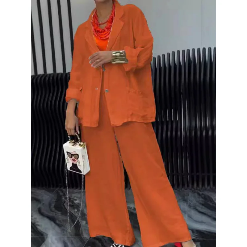 Casual Cotton Linen Solid Color Shirt Pocket Wide Leg Pants Suit